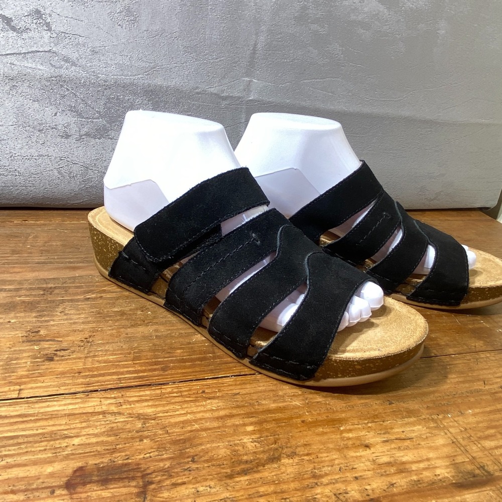 White Mountain Fame Black Suede Leather Multi Strap Wedge Sandals Womens 8M